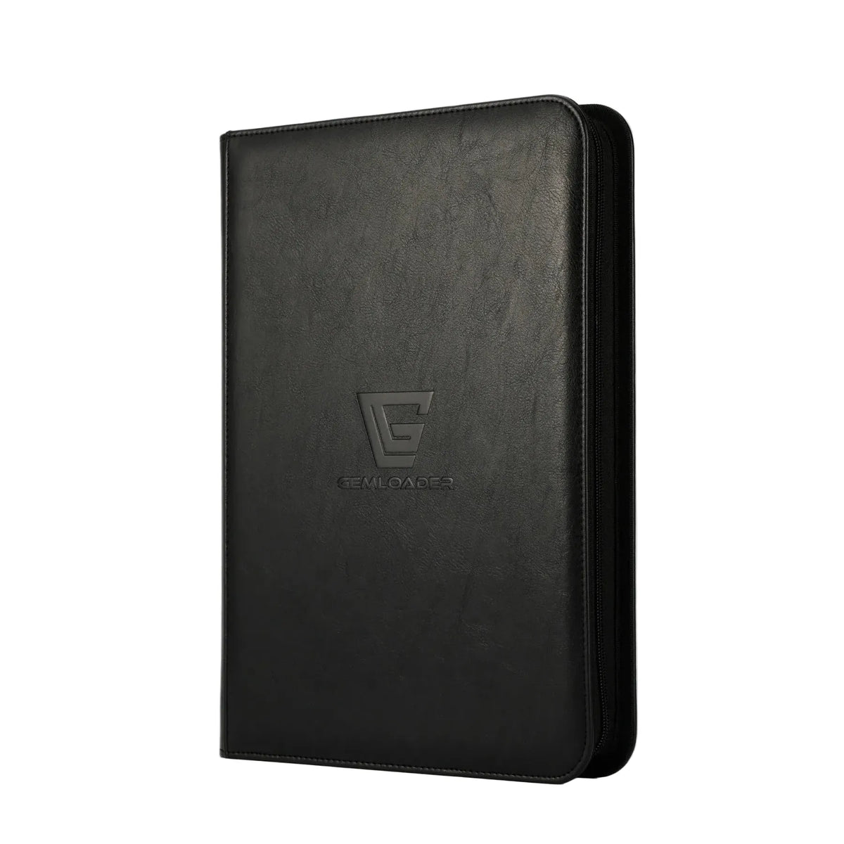 A black, zippered Gemloader: Premium Samlekortmappe [360 pockets 3X3] stands upright against a white background, featuring an embossed G and Gemloader logo—ideal for safe opbevaring samlekort.