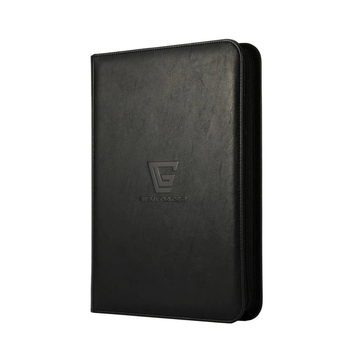 A black, zippered Gemloader: Premium Samlekortmappe [360 pockets 3X3] stands upright against a white background, featuring an embossed G and Gemloader logo—ideal for safe opbevaring samlekort.