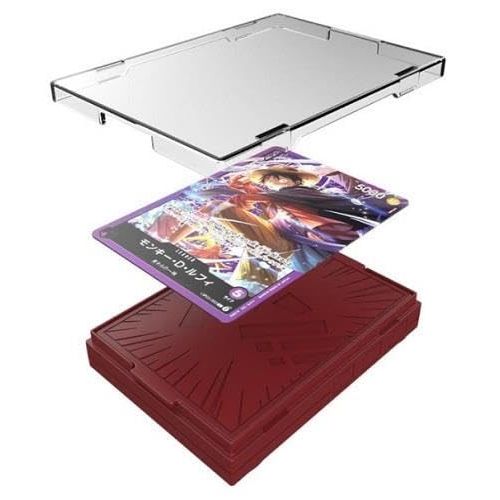 An exploded view of the Bandai One Piece Card Game: Sound Loader Volume 1 - Monkey D. Luffy with the trading card positioned between the red storage box and clear lid.