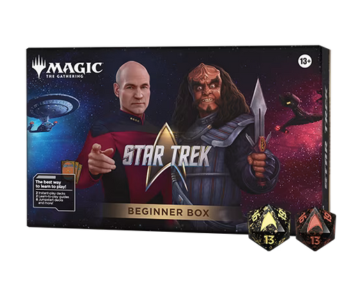 Explore new galaxies with the Magic: The Gathering - Star Trek Beginner box from Wizards of the Coast. Featuring Captain Picard and a Klingon on the cover, along with two dice and a spaceship in the background, this set is perfect for ages 13 and up. Dive into thrilling adventures and discover new worlds through the Universes Beyond experience—ideal for players just starting their journey!.