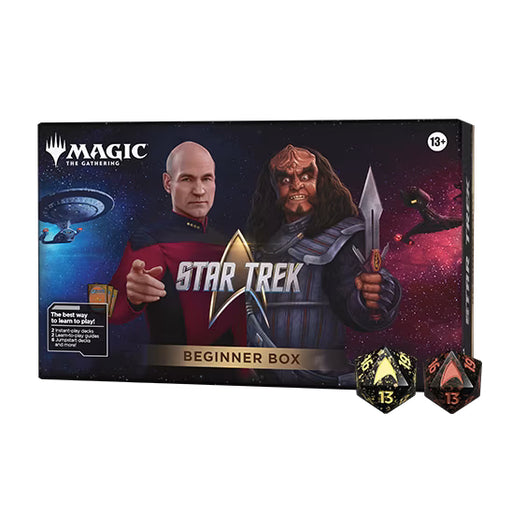 Explore new galaxies with the Magic: The Gathering - Star Trek Beginner box from Wizards of the Coast. Featuring Captain Picard and a Klingon on the cover, along with two dice and a spaceship in the background, this set is perfect for ages 13 and up. Dive into thrilling adventures and discover new worlds through the Universes Beyond experience—ideal for players just starting their journey!.