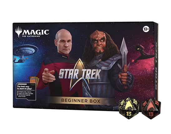 Explore new galaxies with the Magic: The Gathering - Star Trek Beginner box from Wizards of the Coast. Featuring Captain Picard and a Klingon on the cover, along with two dice and a spaceship in the background, this set is perfect for ages 13 and up. Dive into thrilling adventures and discover new worlds through the Universes Beyond experience—ideal for players just starting their journey!.
