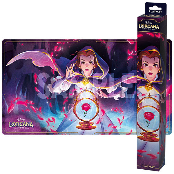 The Ravensburger Disney Lorcana: Shimmering Skies Playmat shows a vibrant group before a floral house with yellow butterflies and trees. Both the playmat and box are displayed—ideal for your Lorcana spillekort!.