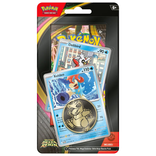 The Pokémon TCG: Delta Reign – Keldeo & Delibird Premium Checklane Blister by The Pokémon Company includes visible Keldeo and Delibird cards, a round metallic coin featuring a dinosaur-like Pokémon, and packaging with official Pokémon branding for ages 6+.