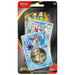 The Pokémon TCG: Delta Reign – Keldeo & Delibird Premium Checklane Blister by The Pokémon Company includes visible Keldeo and Delibird cards, a round metallic coin featuring a dinosaur-like Pokémon, and packaging with official Pokémon branding for ages 6+.