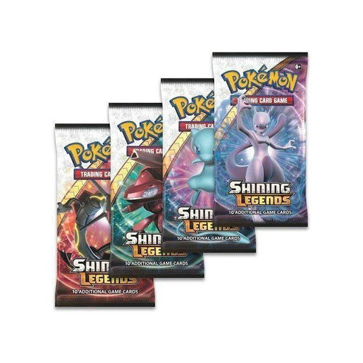 Four Pokémon TCG: Shining Legends Booster Packs from The Pokémon Company, each with unique character packaging, are displayed in a fanned arrangement.