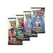 Four Pokémon TCG: Shining Legends Booster Packs from The Pokémon Company, each with unique character packaging, are displayed in a fanned arrangement.