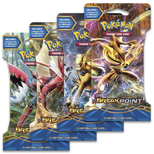 Four Pokémon TCG: Break Point Sleeved Booster Packs (X & Y) from The Pokémon Company are displayed in a row, each featuring unique and colorful Pokémon artwork on the vibrant packaging. These Break Point Sleeved Booster Packs each advertise 10 additional game cards inside.