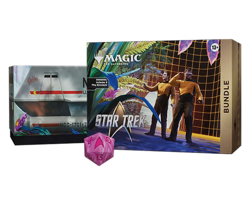 The Wizards of the Coast Magic: The Gathering - Star Trek Bundle includes exclusive Universes Beyond Star Trek Magic cards, a starship-shaped deck box, and a pink 20-sided die, all showcased on a white background.