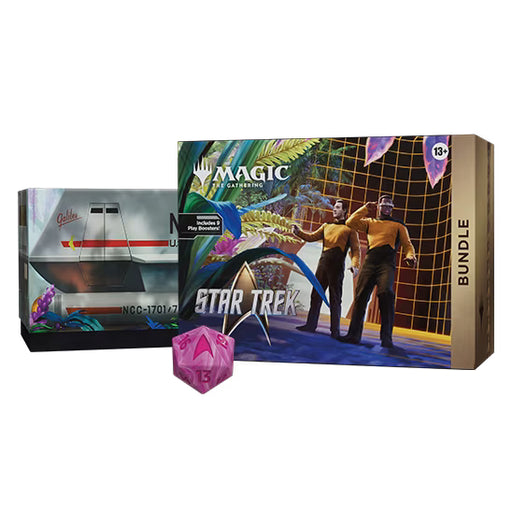 The Wizards of the Coast Magic: The Gathering - Star Trek Bundle includes exclusive Universes Beyond Star Trek Magic cards, a starship-shaped deck box, and a pink 20-sided die, all showcased on a white background.