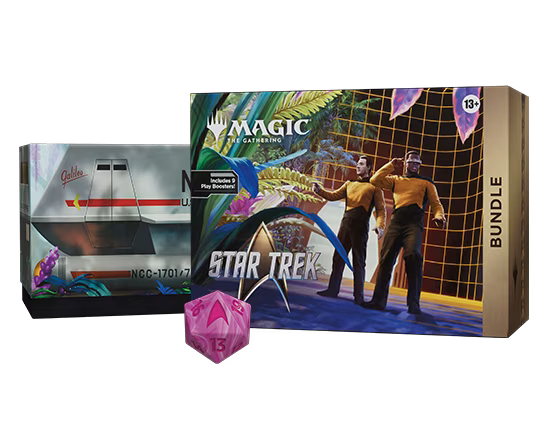 The Wizards of the Coast Magic: The Gathering - Star Trek Bundle includes exclusive Universes Beyond Star Trek Magic cards, a starship-shaped deck box, and a pink 20-sided die, all showcased on a white background.
