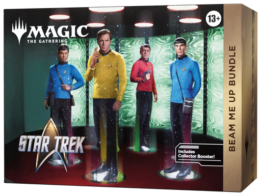 The Wizards of the Coast Magic: The Gathering - Star Trek Beam Me Up Bundles feature four iconic Star Trek characters in transporter beams set against a striking green sci-fi backdrop, highlighting the Universes Beyond crossover. This collector’s box, recommended for ages 13 and up, is an ideal choice for fans of both Magic: The Gathering and the Beam Me Up Bundles experience.