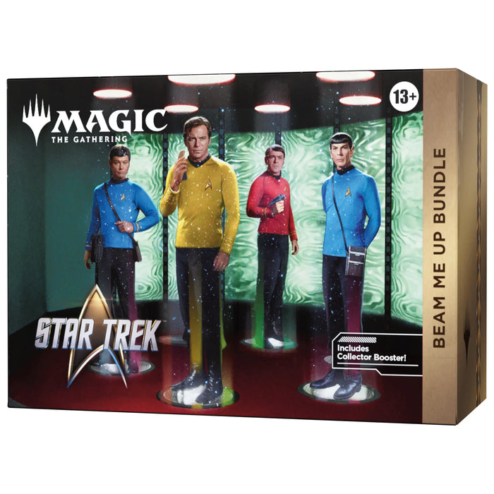 The Wizards of the Coast Magic: The Gathering - Star Trek Beam Me Up Bundles feature four iconic Star Trek characters in transporter beams set against a striking green sci-fi backdrop, highlighting the Universes Beyond crossover. This collector’s box, recommended for ages 13 and up, is an ideal choice for fans of both Magic: The Gathering and the Beam Me Up Bundles experience.