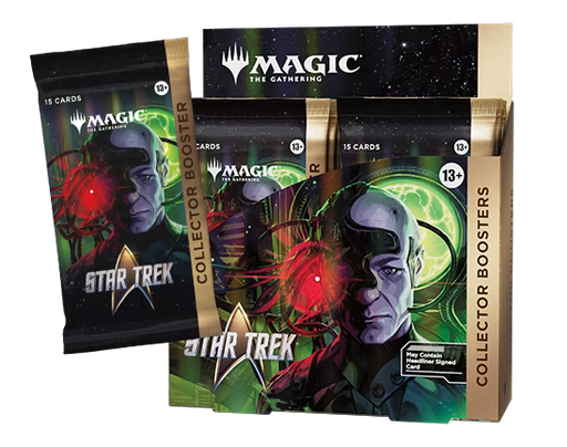 Experience the Magic: The Gathering – Star Trek Collector Booster Display by Wizards of the Coast, showcasing a striking cyborg character with a mechanical eye set against a futuristic backdrop. Designed for fans ages 13 and up, this box is ideal for expanding your collection with exclusive cards inspired by the legendary Star Trek universe.
