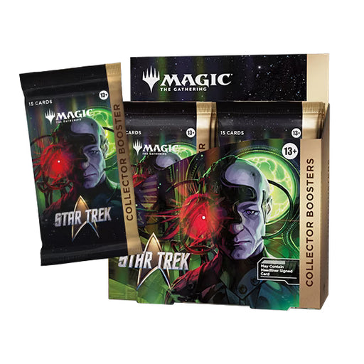 Experience the Magic: The Gathering – Star Trek Collector Booster Display by Wizards of the Coast, showcasing a striking cyborg character with a mechanical eye set against a futuristic backdrop. Designed for fans ages 13 and up, this box is ideal for expanding your collection with exclusive cards inspired by the legendary Star Trek universe.