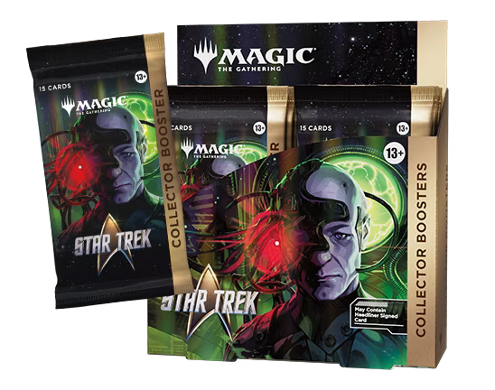 Experience the Magic: The Gathering – Star Trek Collector Booster Display by Wizards of the Coast, showcasing a striking cyborg character with a mechanical eye set against a futuristic backdrop. Designed for fans ages 13 and up, this box is ideal for expanding your collection with exclusive cards inspired by the legendary Star Trek universe.