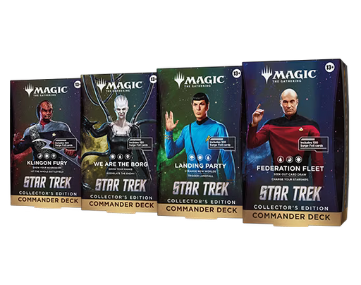 Wizards of the Coast Magic: The Gathering – Star Trek Collector’s Edition Commander Decks set includes four deck boxes, each highlighting a unique Star Trek character and titled Klingon Fury, We Are The Borg, Landing Party, and Federation Fleet.