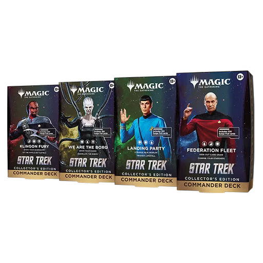 Wizards of the Coast Magic: The Gathering – Star Trek Collector’s Edition Commander Decks set includes four deck boxes, each highlighting a unique Star Trek character and titled Klingon Fury, We Are The Borg, Landing Party, and Federation Fleet.
