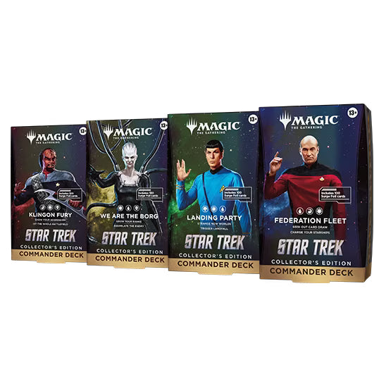 Wizards of the Coast Magic: The Gathering – Star Trek Collector’s Edition Commander Decks set includes four deck boxes, each highlighting a unique Star Trek character and titled Klingon Fury, We Are The Borg, Landing Party, and Federation Fleet.
