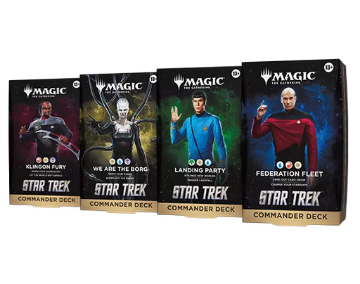 Wizards of the Coast’s Magic: The Gathering - Star Trek Commander Decks—Klingon Fury, We Are The Borg, Landing Party, and Federation Fleet—each feature iconic Star Trek characters on their covers.