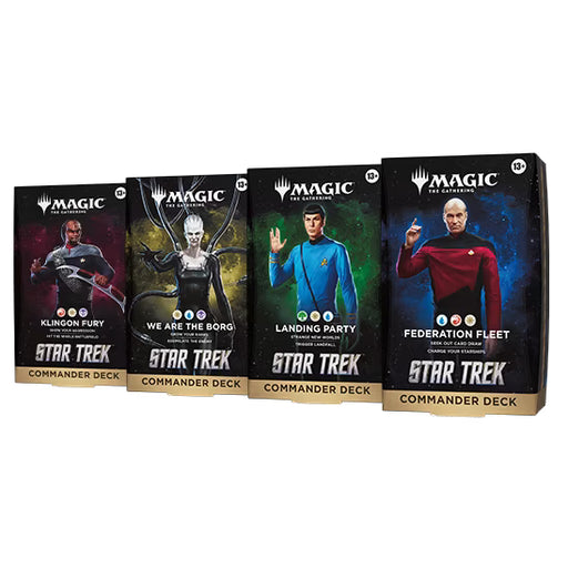 Wizards of the Coast’s Magic: The Gathering - Star Trek Commander Decks—Klingon Fury, We Are The Borg, Landing Party, and Federation Fleet—each feature iconic Star Trek characters on their covers.