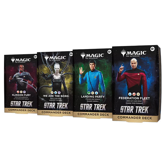 Wizards of the Coast’s Magic: The Gathering - Star Trek Commander Decks—Klingon Fury, We Are The Borg, Landing Party, and Federation Fleet—each feature iconic Star Trek characters on their covers.