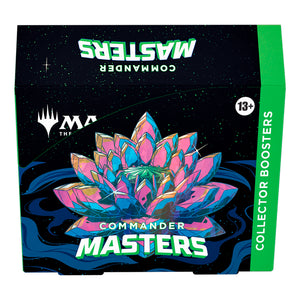 A Magic: The Gathering - Commander Masters Collector Booster Display box featuring a large, stylized, multifaceted pink and blue lotus flower graphic, with the text COMMANDER MASTERS on the front and COLLECTOR BOOSTERS on the side.