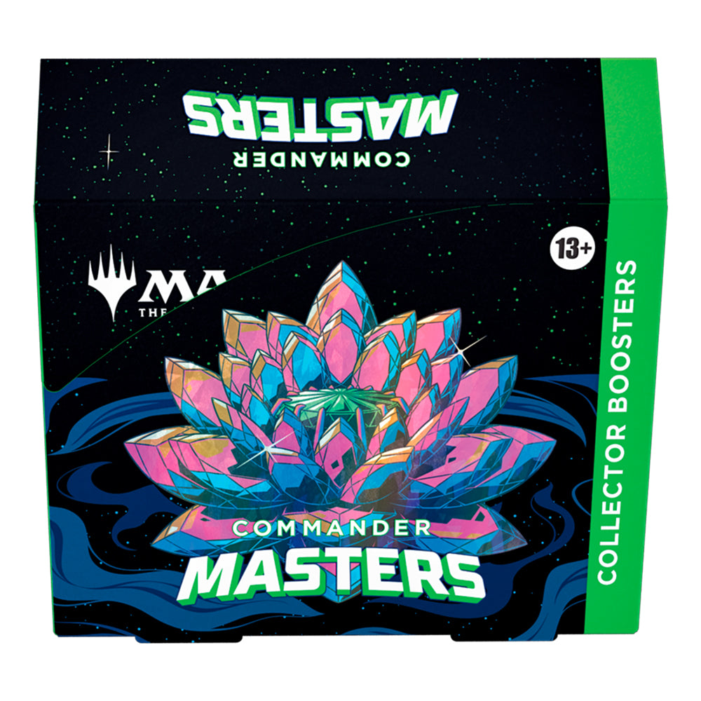 A Magic: The Gathering - Commander Masters Collector Booster Display box featuring a large, stylized, multifaceted pink and blue lotus flower graphic, with the text COMMANDER MASTERS on the front and COLLECTOR BOOSTERS on the side.