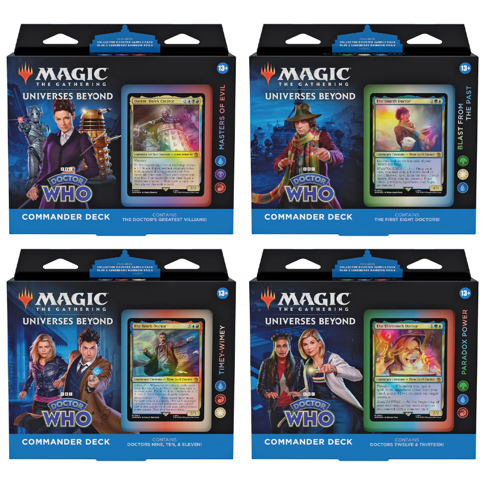 Four Magic: The Gathering - Doctor Who Commander Deck boxes arranged as a set, each featuring character portraits and game cards.