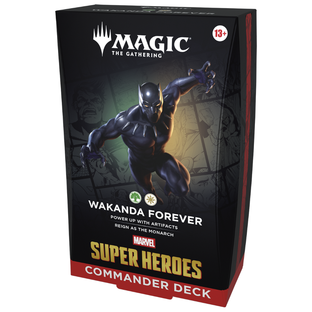 Showcase your fandom with the Magic the Gathering: Marvel Super Heroes Commander Deck by Wizards of the Coast, featuring iconic Black Panther artwork from Wakanda Forever. Set against a dramatic dark background with bold lightning effects, this 13+ age-rated deck box is part of the Universes Beyond collection—perfect for fans seeking an epic addition to their Magic: The Gathering lineup.