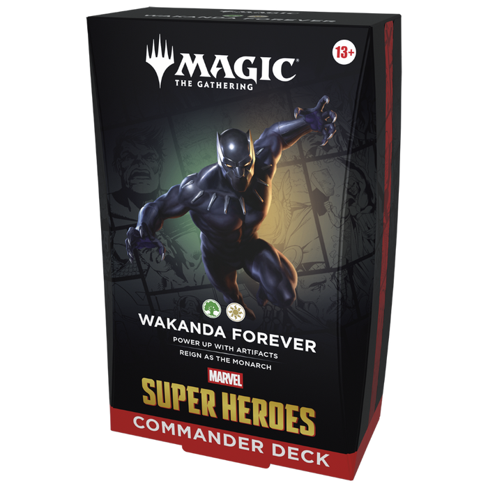Showcase your fandom with the Magic the Gathering: Marvel Super Heroes Commander Deck by Wizards of the Coast, featuring iconic Black Panther artwork from Wakanda Forever. Set against a dramatic dark background with bold lightning effects, this 13+ age-rated deck box is part of the Universes Beyond collection—perfect for fans seeking an epic addition to their Magic: The Gathering lineup.