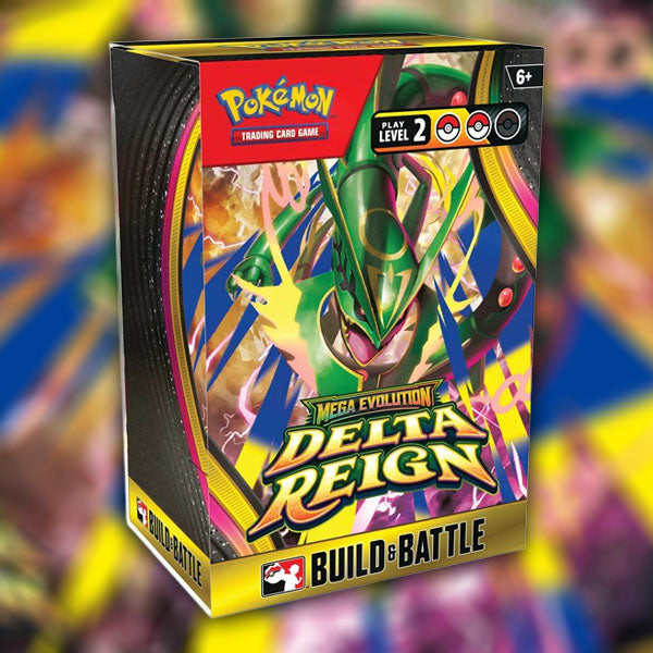 A Pokémon TCG: Delta Reign Prerelease Event Build & Battle box featuring a green serpent-like character, with the text Delta Reign displayed prominently on the front.