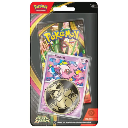 The Pokémon TCG: Delta Reign - Spritzee 1 Pack Blister by The Pokémon Company includes a special Spritzee promo card, a coin depicting a dinosaur-like Pokémon, and a Delta Reign booster pack—all in vibrant packaging, ideal for collectors and trainers ages 6 and up.