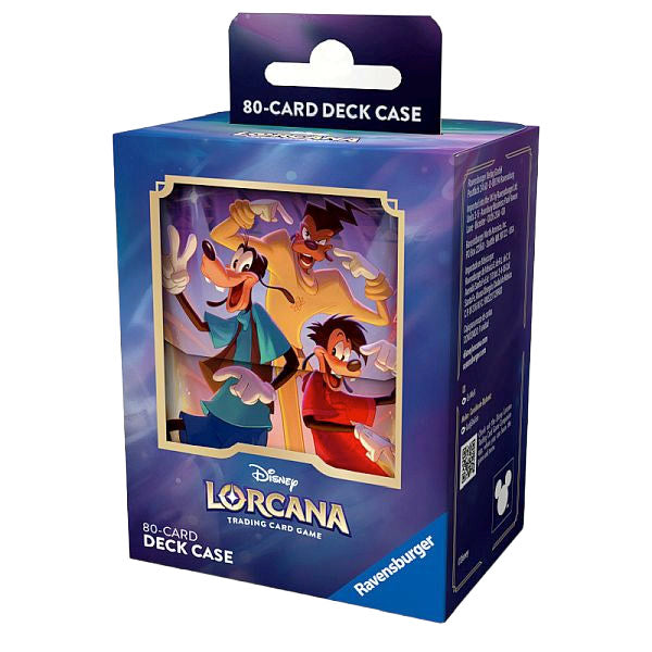 The Disney Lorcana: Fabled Deck Box by Ravensburger features Goofy, Max, and Powerline on the front with a purple and blue background.