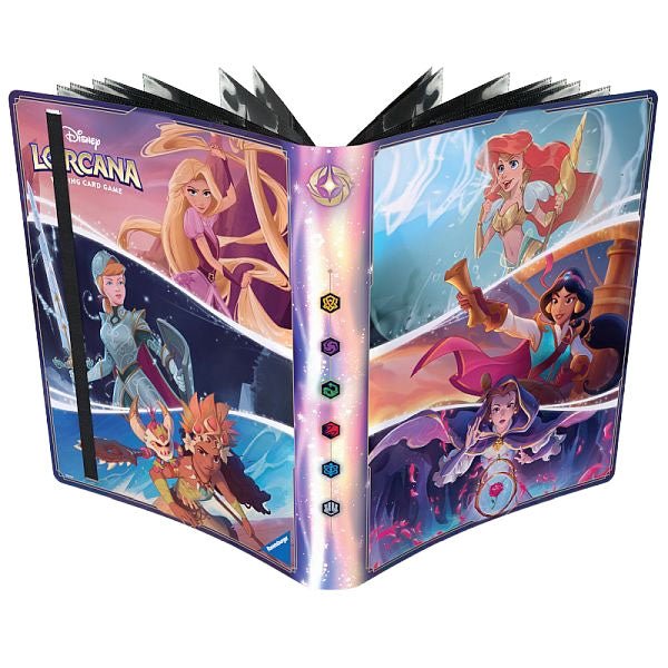 The Disney Lorcana: Fabled - Princess Portfolio by Ravensburger features vibrant cover art with Elsa, Rapunzel, Ariel, Moana, Belle, and Mickey Mouse, plus decorative symbols along the spine.