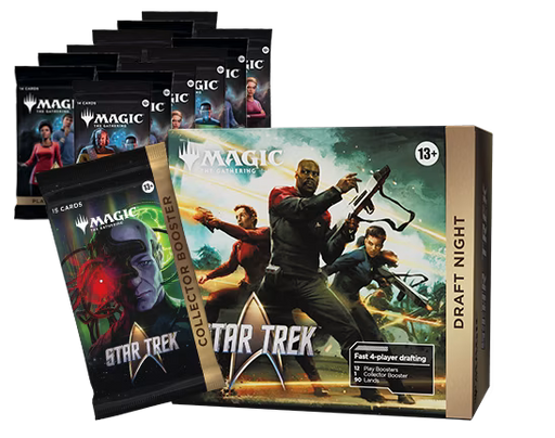 A Wizards of the Coast Magic: The Gathering – Star Trek Draft Night box set, containing booster packs and featuring Star Trek characters on the packaging, displayed against a white background.
