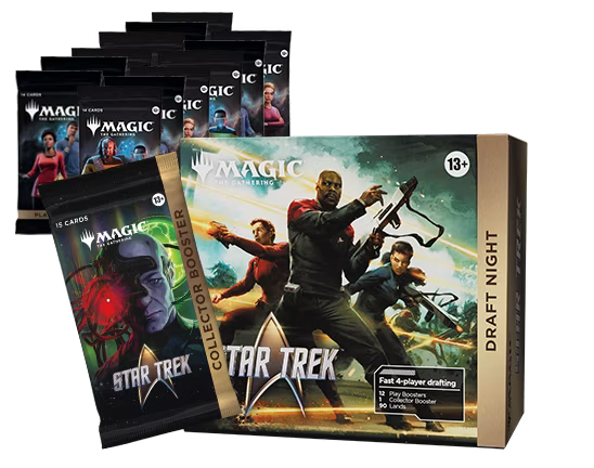 A Wizards of the Coast Magic: The Gathering – Star Trek Draft Night box set, containing booster packs and featuring Star Trek characters on the packaging, displayed against a white background.