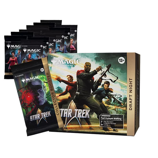 A Wizards of the Coast Magic: The Gathering – Star Trek Draft Night box set, containing booster packs and featuring Star Trek characters on the packaging, displayed against a white background.