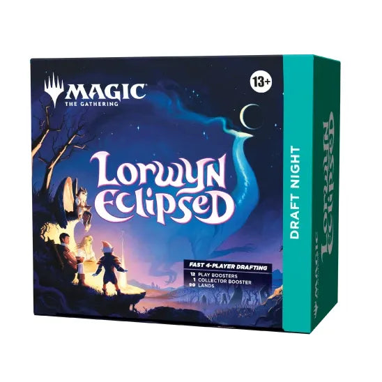Magic: The Gathering - Lorwyn Eclipsed Draft Night card game box featuring a nocturnal fantasy illustration of characters looking at a giant crescent moon, with text indicating it includes twelve play boosters, one collector booster, and lands.