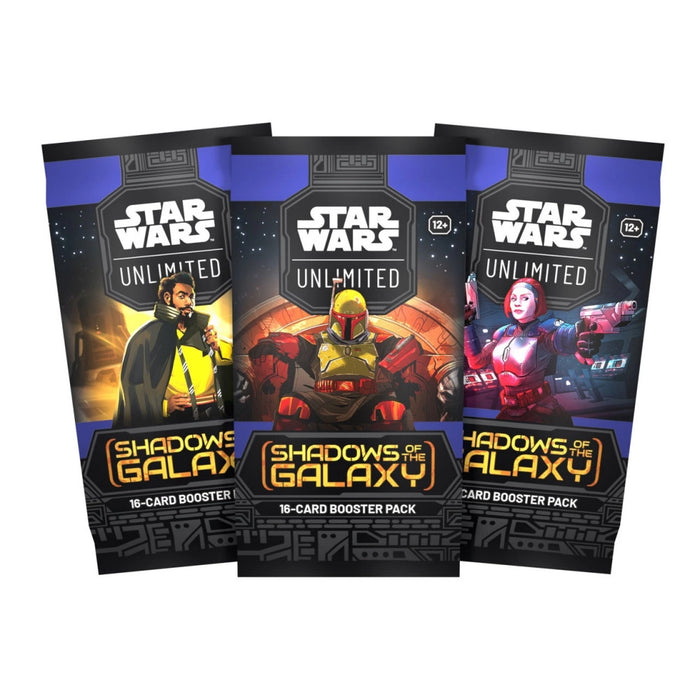 Three Asmodee Star Wars: Shadows of the Galaxy Booster Packs are displayed, each featuring different characters in vibrant sci-fi armor on the packaging.