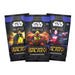 Three Asmodee Star Wars: Shadows of the Galaxy Booster Packs are displayed, each featuring different characters in vibrant sci-fi armor on the packaging.