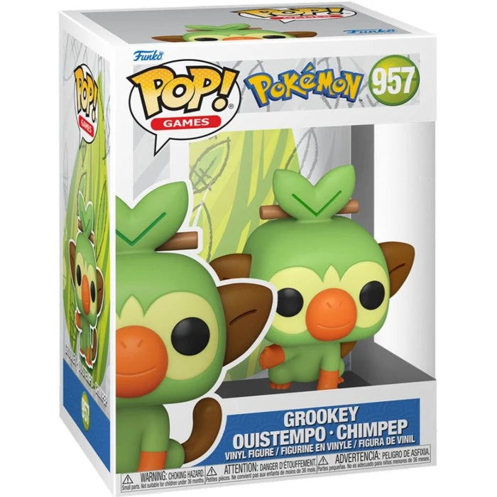 Funko POP! Pokemon: Grookey - #957 by Funko, featuring the green Grookey Pokémon figure with big ears and an orange nose, displayed inside its box.