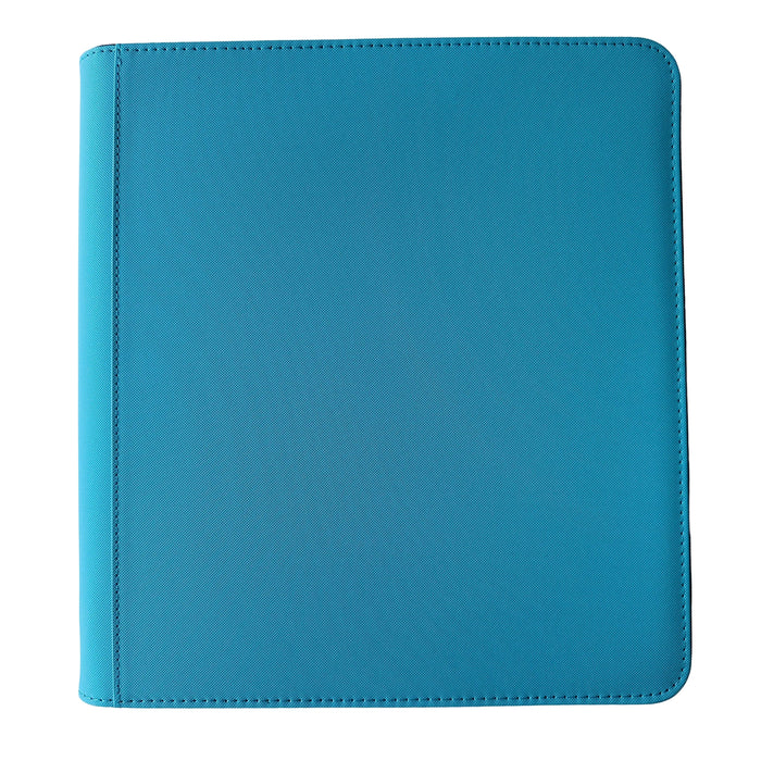 A closed TCGPicks: Samlekortmappe [480 pockets 4X4] binder by Ml Trading, featuring a plain turquoise cover with rounded corners, is photographed from above against a white background.