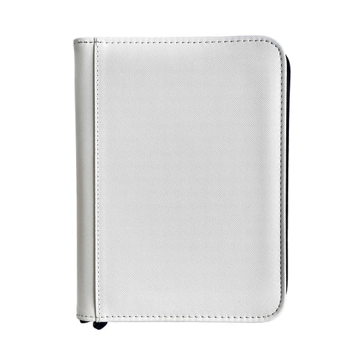 A closed, white textured TCGpicks: Samlekortmappe [240 pockets 2X2] from Ml Trading with black edging is displayed upright against a plain white background, perfect for stylish samlekort opbevaring.