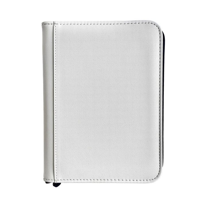 A sleek, light gray TCGPicks: Samlekortmappe [240 pockets 2X2] by Ml Trading with rounded corners is shown closed and standing upright against a white background—ideal for elegant opbevaring af samlekort.
