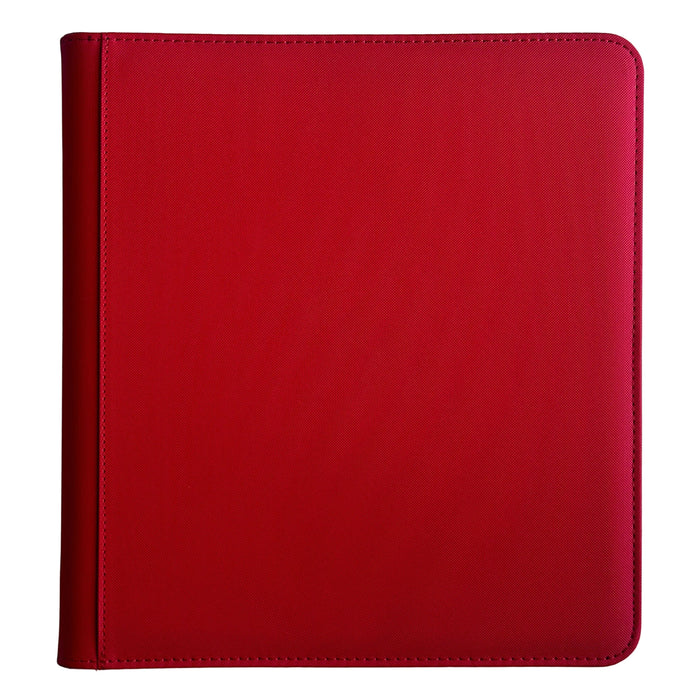 A closed, red Ml Trading TCGPicks: Samlekortmappe [480 pockets 4X4] three-ring binder with a stitched border, photographed from above on a white background.