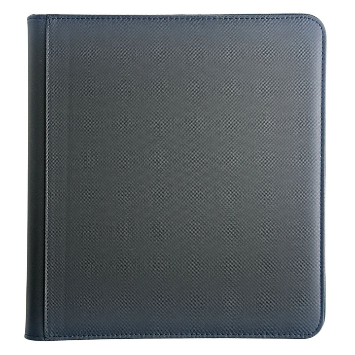 A closed, black, textured TCGPicks: Samlekortmappe [480 pockets 4X4] binder by Ml Trading with a slightly rounded spine is placed on a white surface.