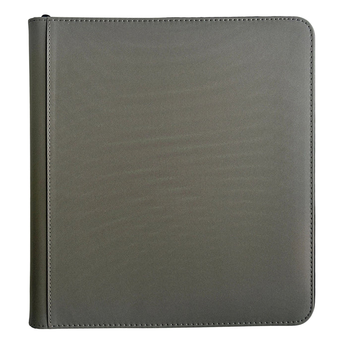 A closed, plain gray TCGPicks: Samlekortmappe [480 pockets 4X4] binder by Ml Trading with stitched edges is shown against a white background. Designed specifically for trading cards, it features a sleek front cover and can hold up to 480 cards in its 4x4 pocket layout.