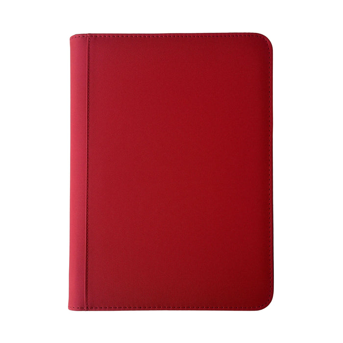 A closed, plain red TCGPicks: Samlekortmappe [360 pockets 3X3] by Ml Trading with rounded corners lies on a white surface, viewed from above.
