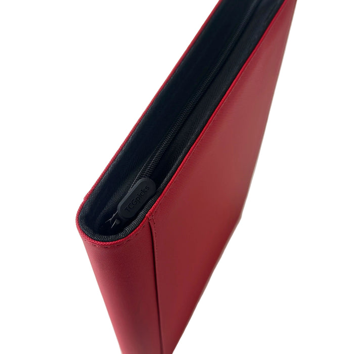 A red TCGPicks: Samlekortmappe [360 pockets 3X3] binder by Ml Trading, viewed from above at an angle, with the zipper partially closed and the brand Ml Trading visible on the zipper pull.